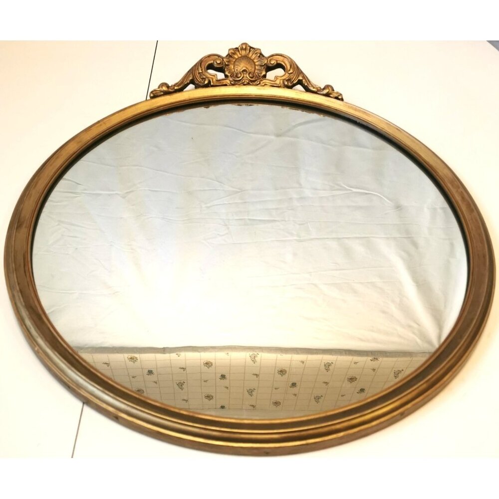 Vintage Italian Gilded Wood Oval Wall Mirror Ornate Rococo Shell